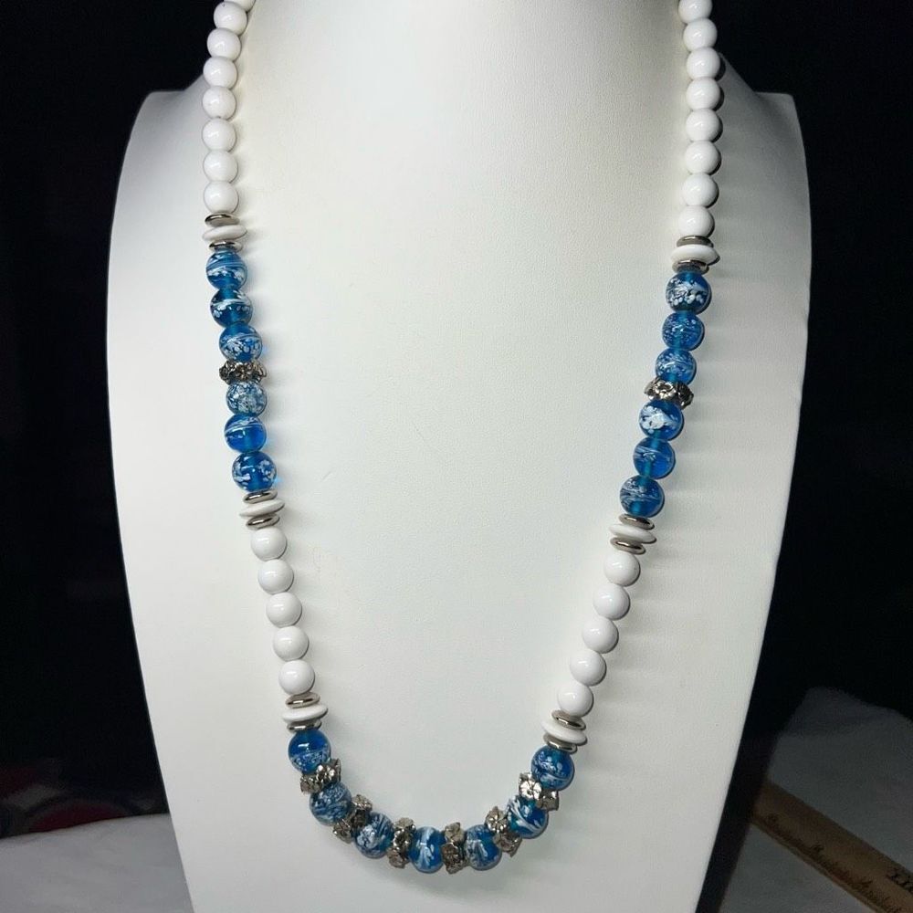Vintage Blue And White Plastic Bead Necklace